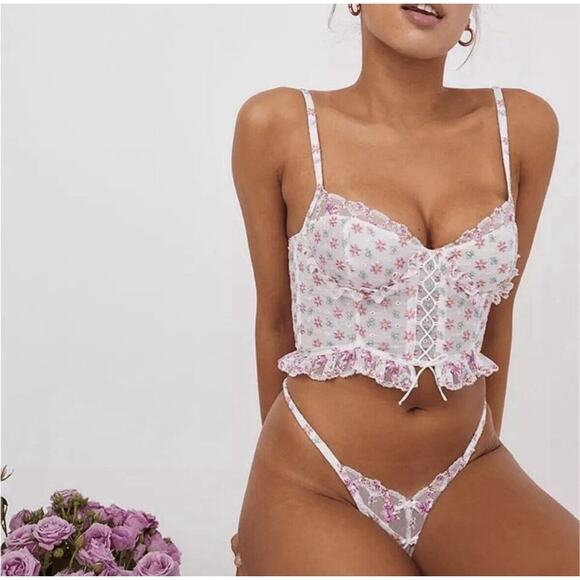 For Love & Lemons Blooms Bustier White Pink Floral Embroidered Lace Size 36D - Picture 3 of 16